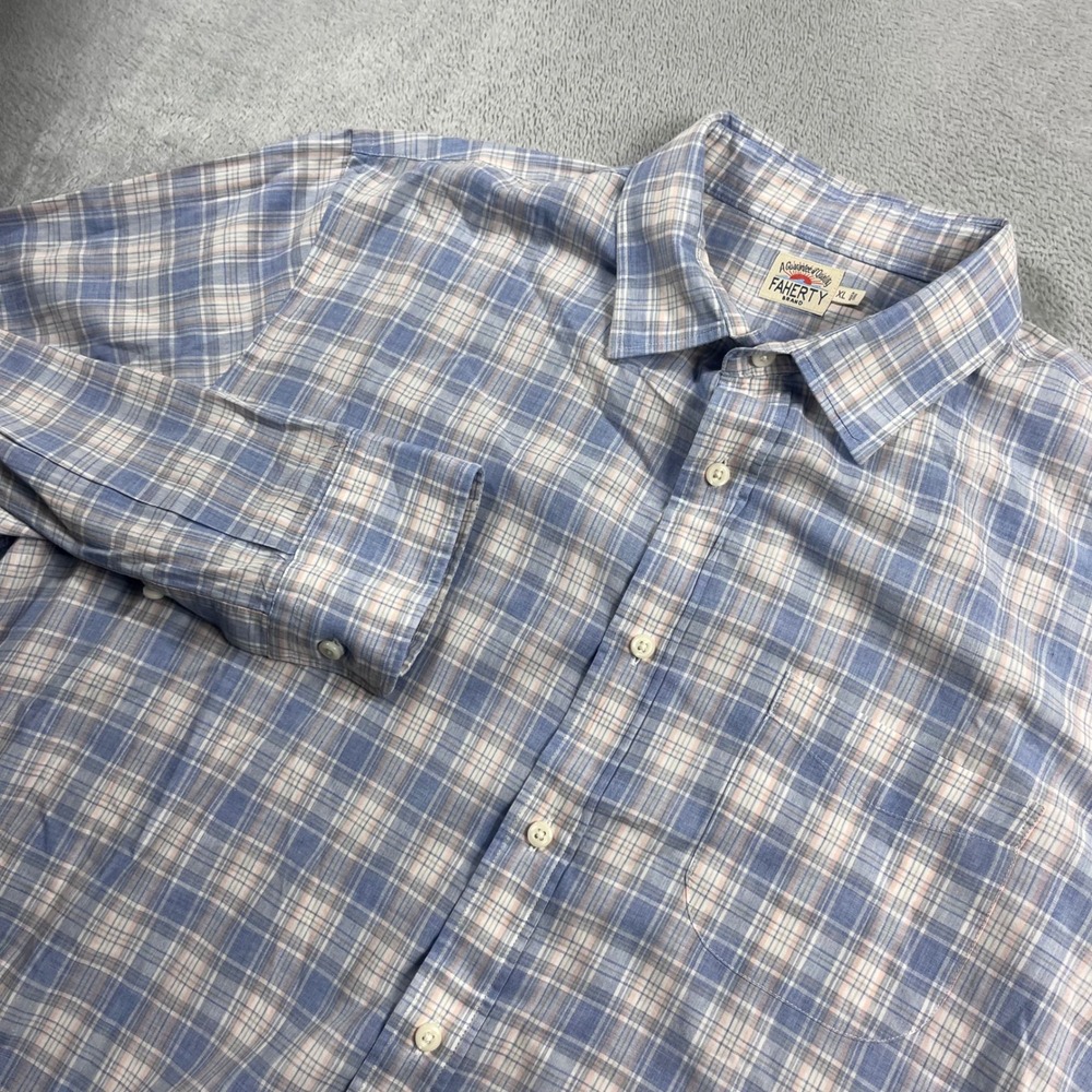 Faherty Brand Mens XL Blue White Plaid Long Sleeve Button Down Shirt Pocket